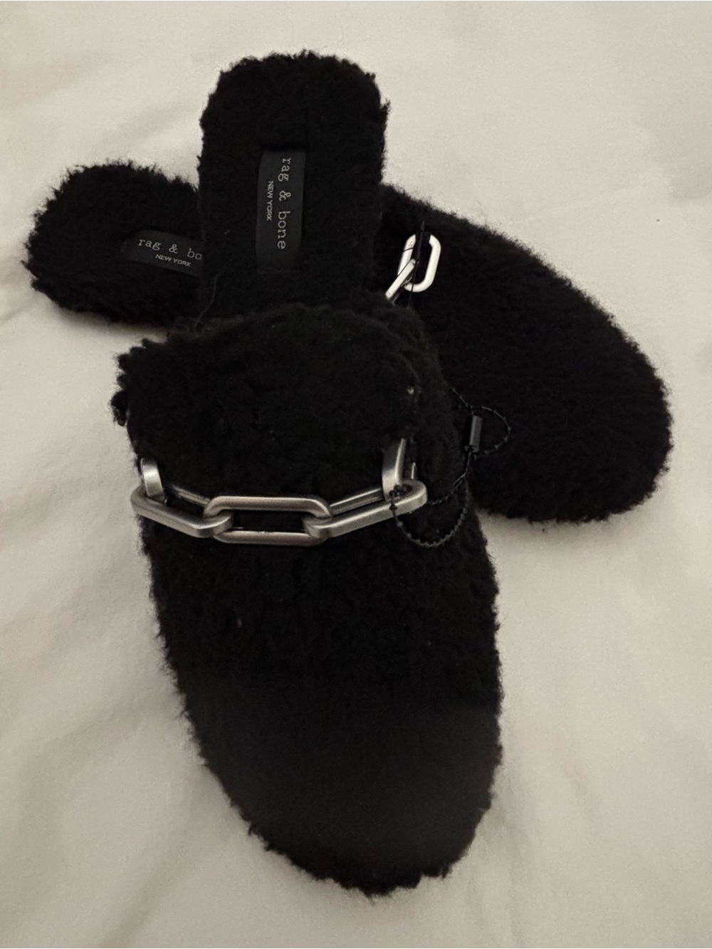 rag & bone New Essex Black Faux Shearling Mule with Silver Chain
